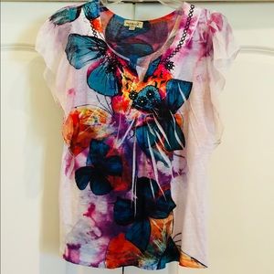 Beautiful Butterfly top with sheer cap sleeves